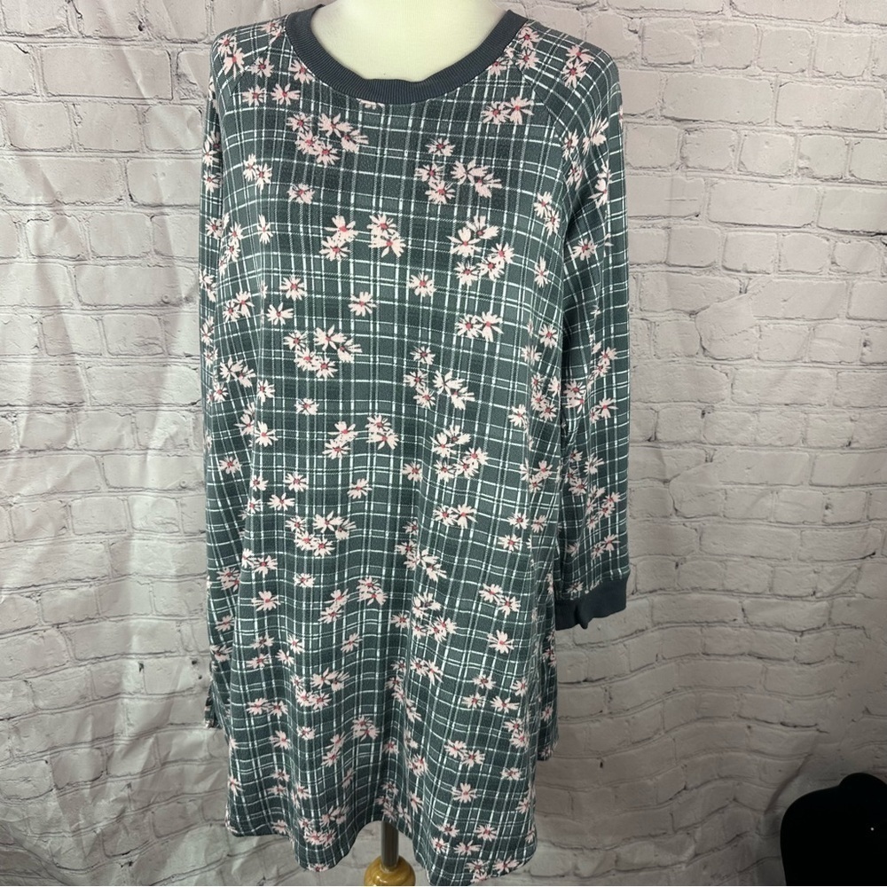 kensie pink Floral Plaid Long Sleeve nightgown sleep shirt super soft sz L